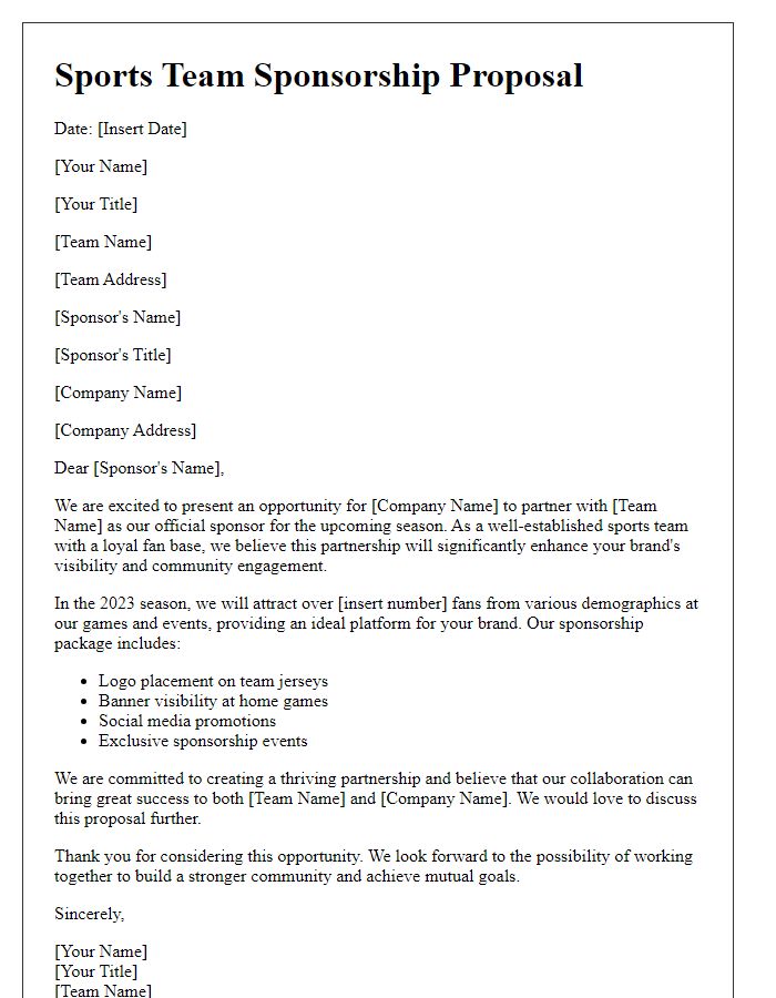 Letter template of a sports team sponsorship proposal.