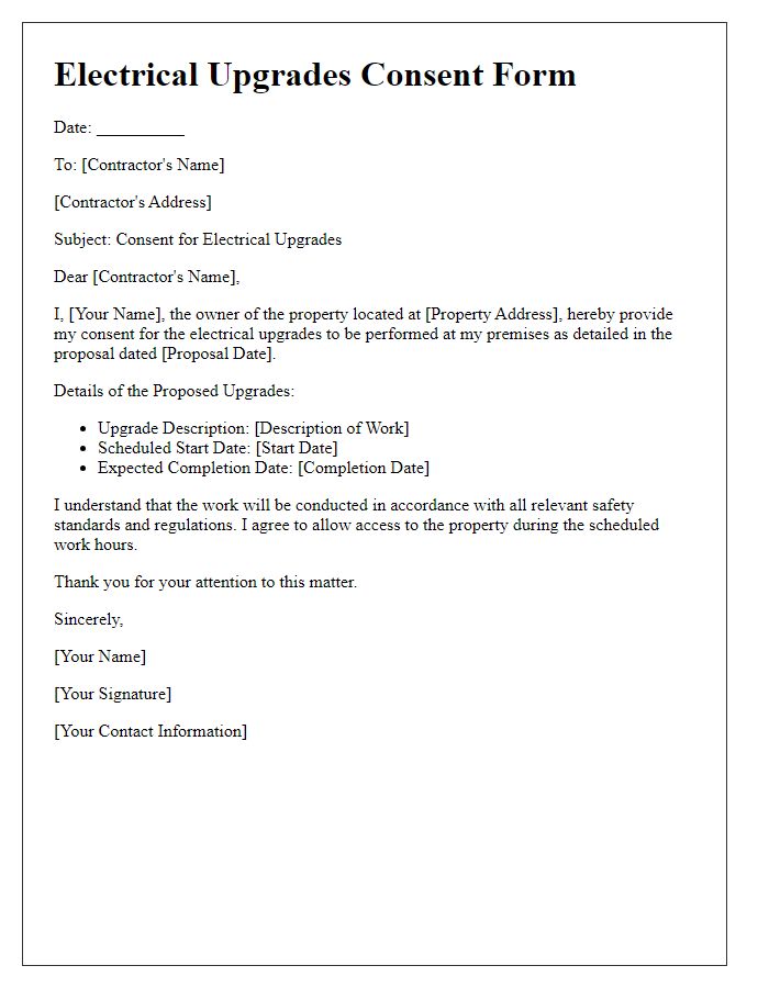 Letter template of electrical upgrades consent form