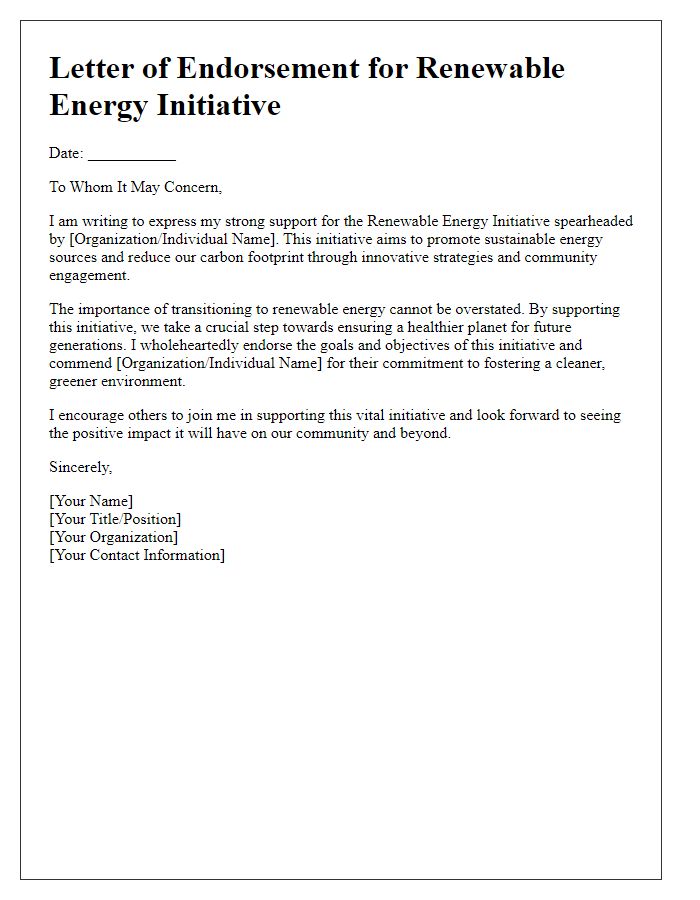 Letter template of renewable energy initiative endorsement