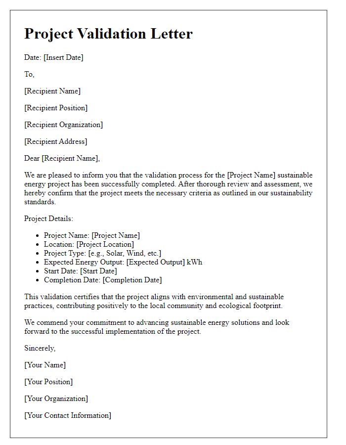 Letter template of sustainable energy project validation