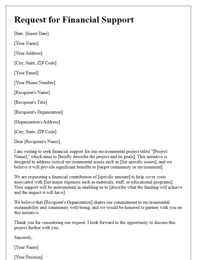 Letter template of financial support request for environmental project.