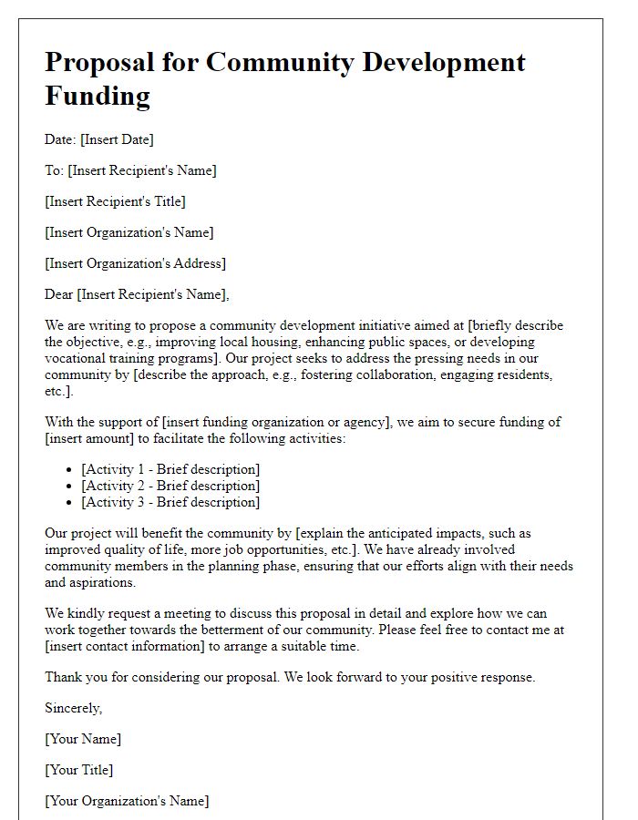 Letter template of proposal for community development funding.