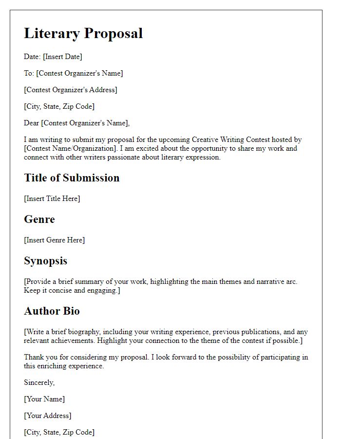 Letter template of literary proposal for creative writing contest