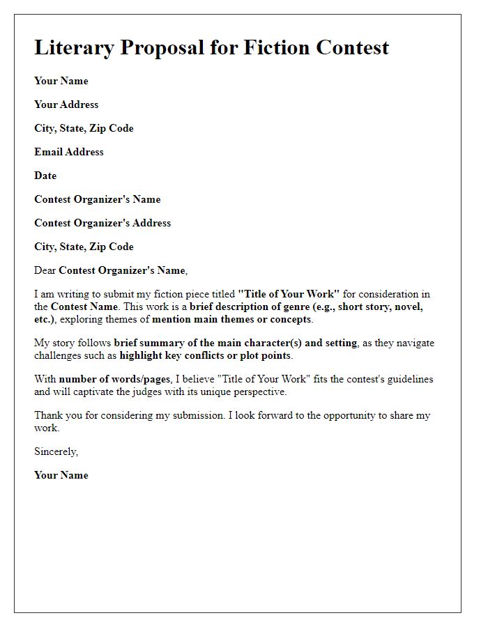 Letter template of literary proposal for fiction contest entry