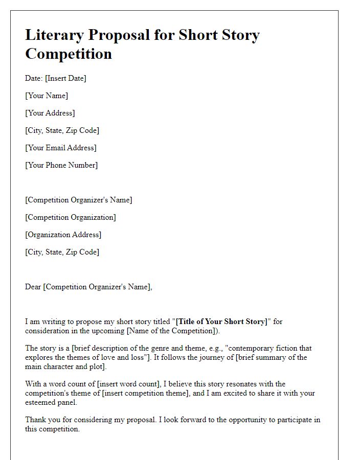 Letter template of literary proposal for short story competition