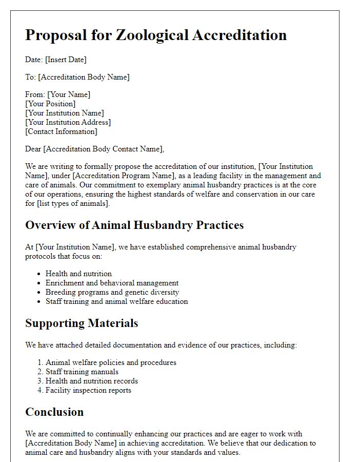 Letter template of zoological accreditation proposal for animal husbandry practices.