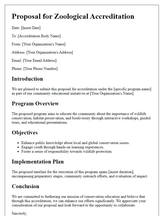 Letter template of zoological accreditation proposal for community educational programs.