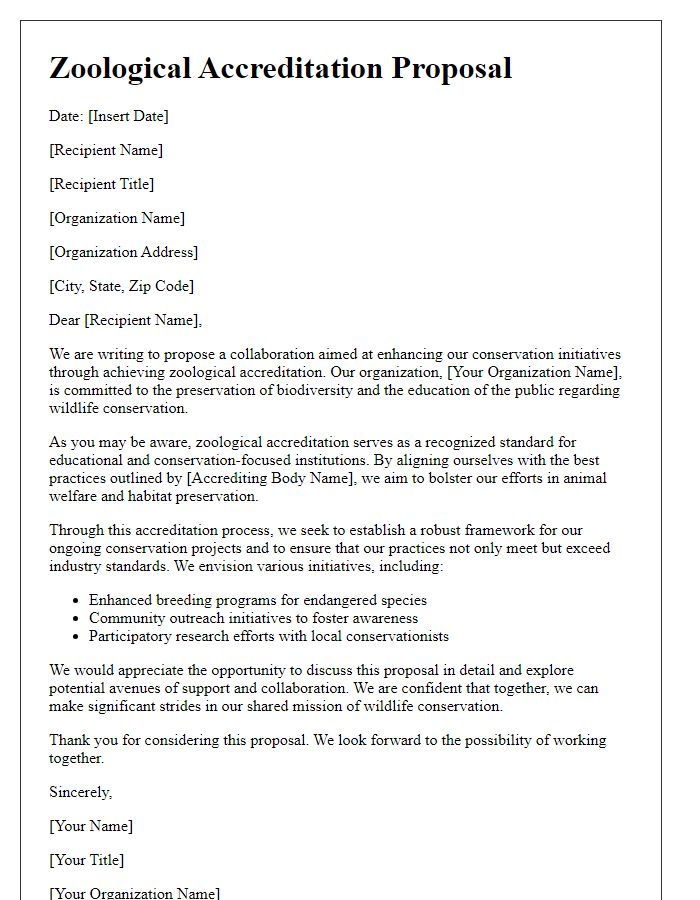 Letter template of zoological accreditation proposal for conservation initiatives.