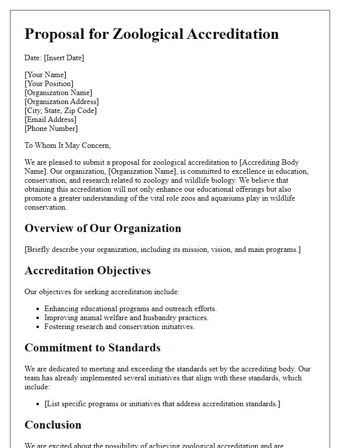 Letter template of zoological accreditation proposal for educational organizations.