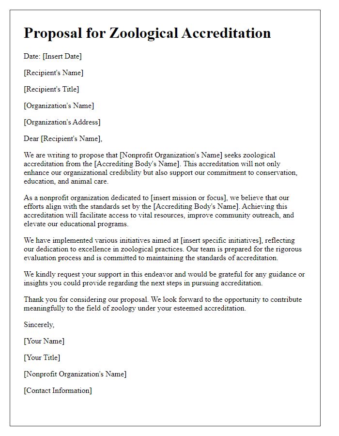 Letter template of zoological accreditation proposal for nonprofit organizations.