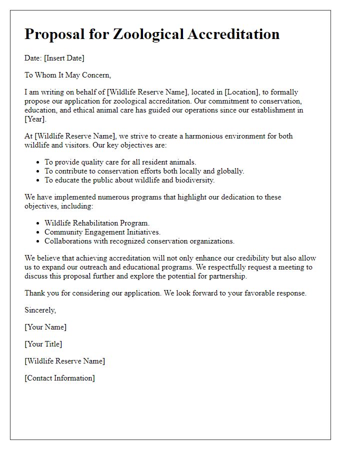 Letter template of zoological accreditation proposal for private wildlife reserves.