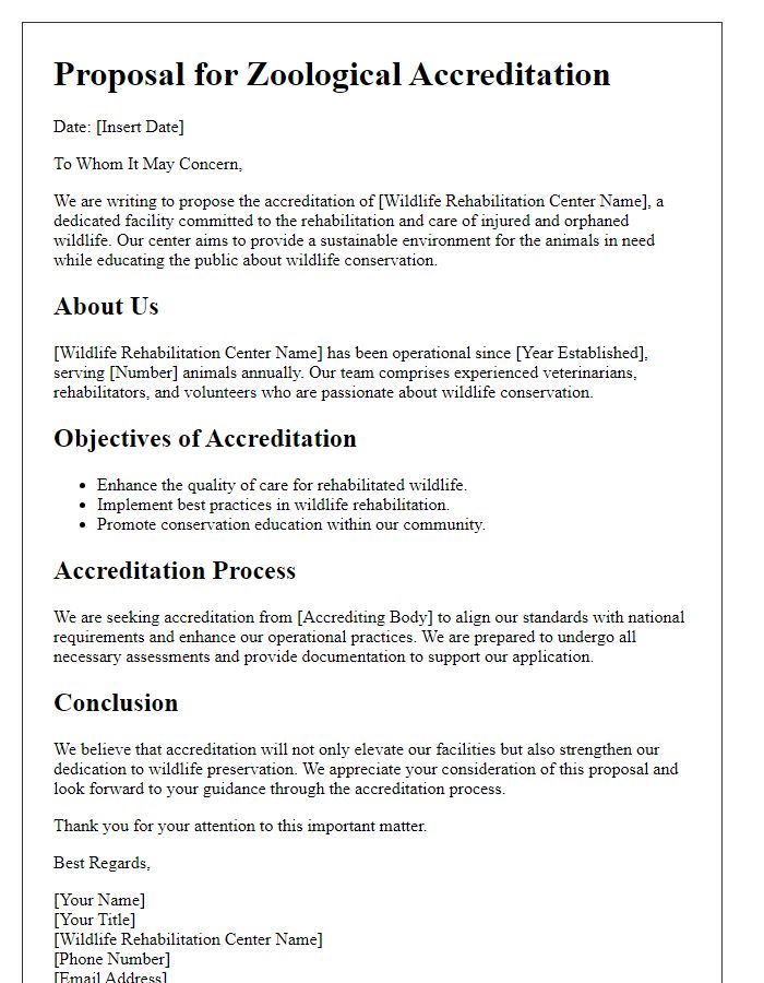 Letter template of zoological accreditation proposal for wildlife rehabilitation centers.