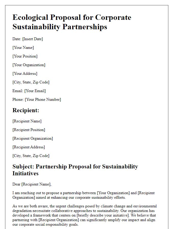 Letter template of ecological proposal for corporate sustainability partnerships.