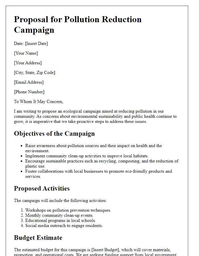 Letter template of ecological proposal for pollution reduction campaigns.