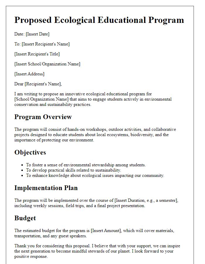 Letter template of ecological proposal for school educational programs.