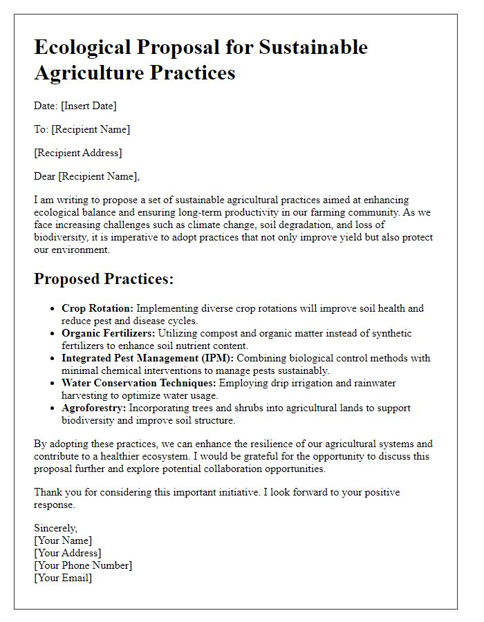 Letter template of ecological proposal for sustainable agriculture practices.