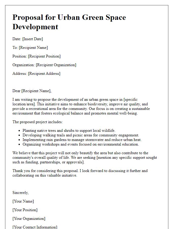 Letter template of ecological proposal for urban green space development.