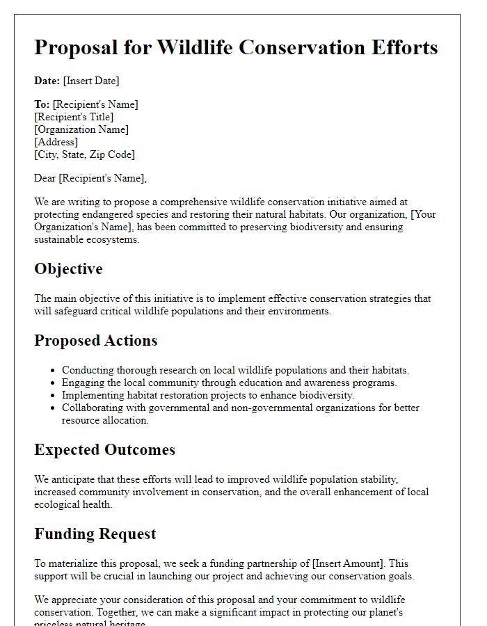 Letter template of ecological proposal for wildlife conservation efforts.