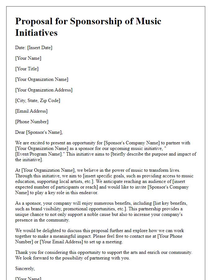 Letter template of musical proposal sponsorship for nonprofit music initiatives