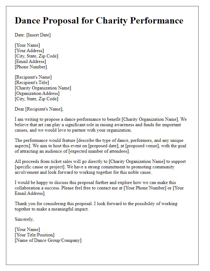 Letter template of dance proposal for a charity performance.