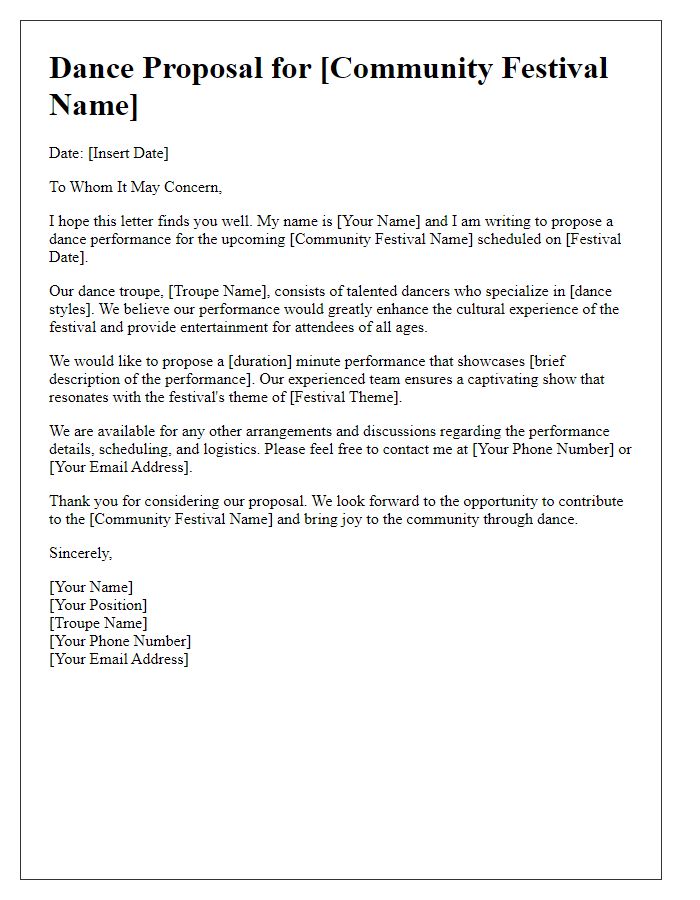 Letter template of dance proposal for a community festival.