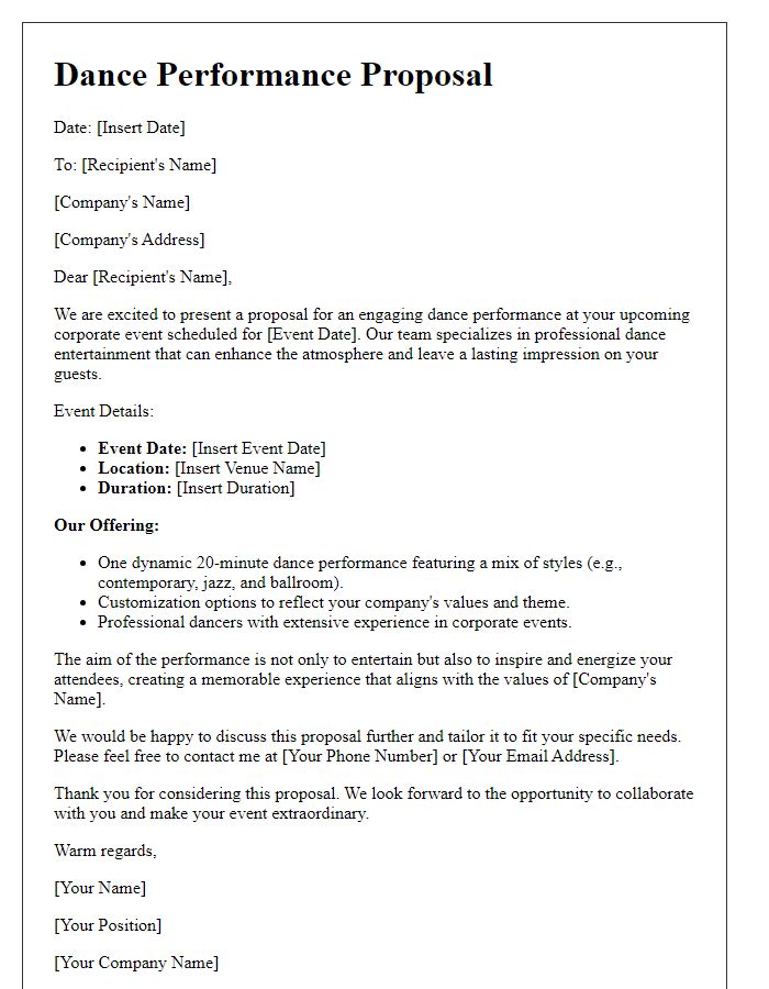 Letter template of dance proposal for a corporate event.