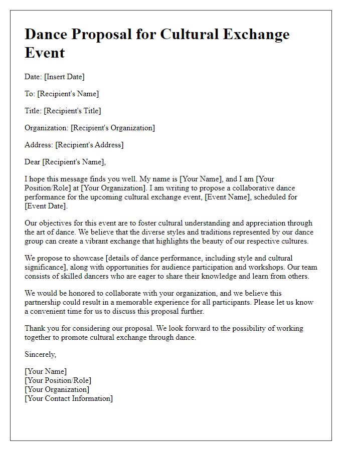 Letter template of dance proposal for a cultural exchange event.