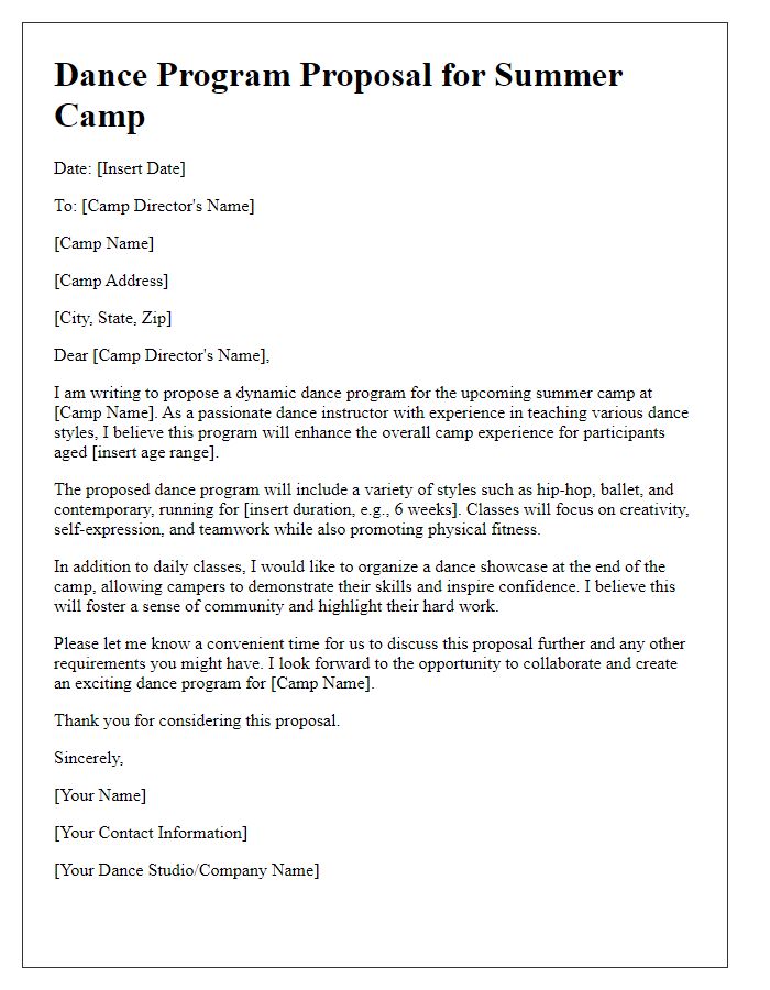 Letter template of dance proposal for a summer camp program.