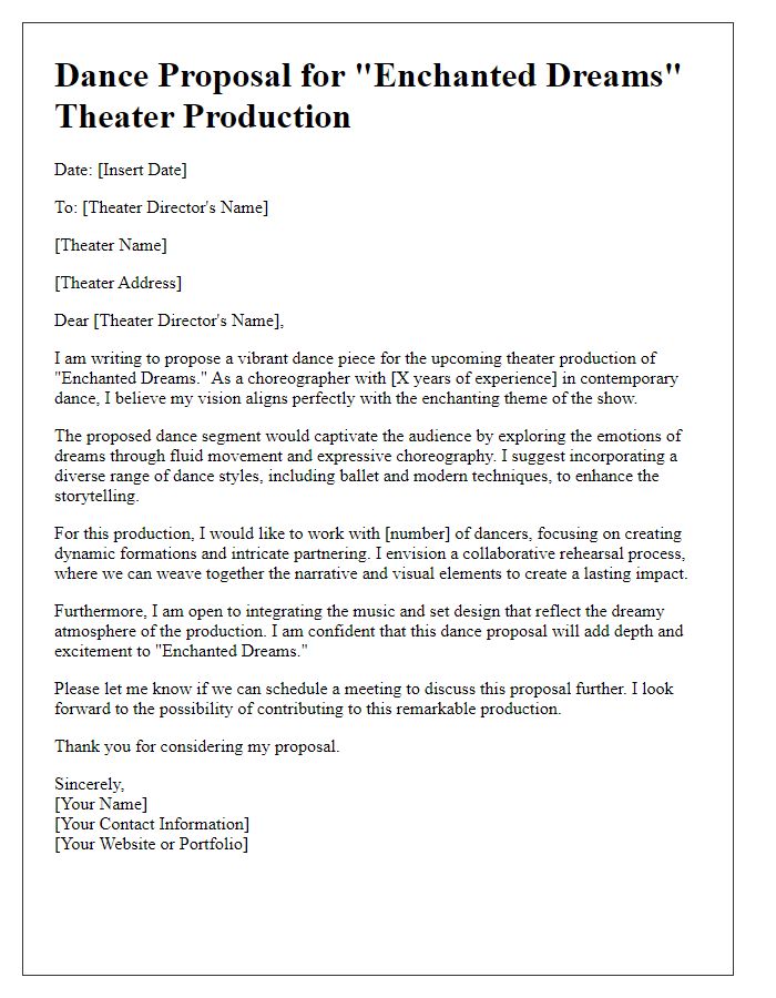 Letter template of dance proposal for a theater production.