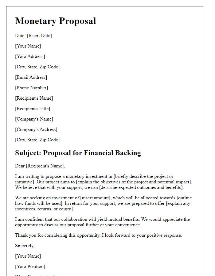 Letter template of monetary proposal backing