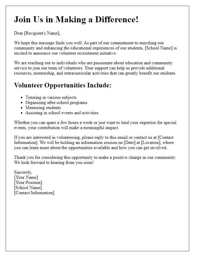 Letter template of school outreach for volunteer recruitment