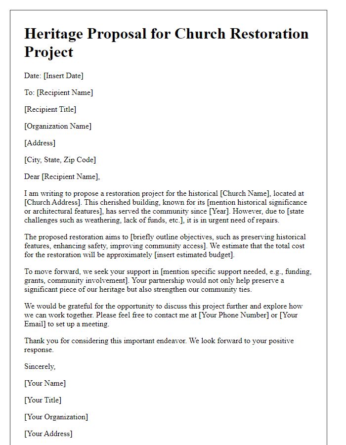 Letter template of heritage proposal for church restoration project