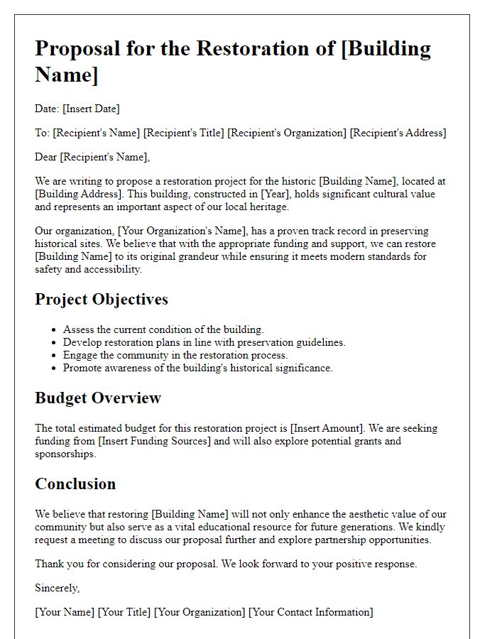 Letter template of heritage proposal for historical building restoration