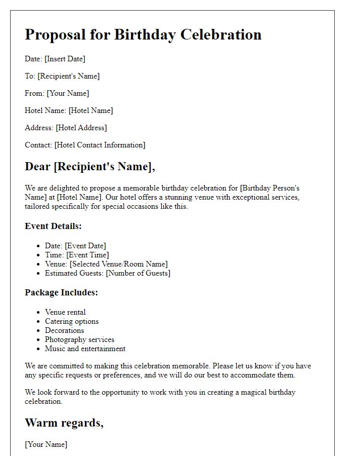 Letter template of hotel proposal for birthday celebration.