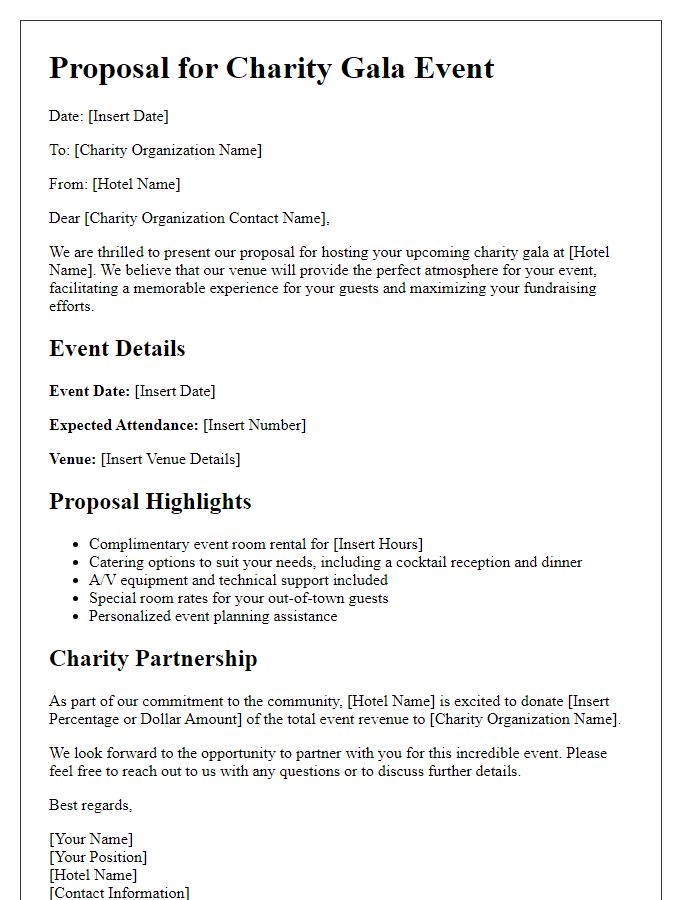 Letter template of hotel proposal for charity gala.