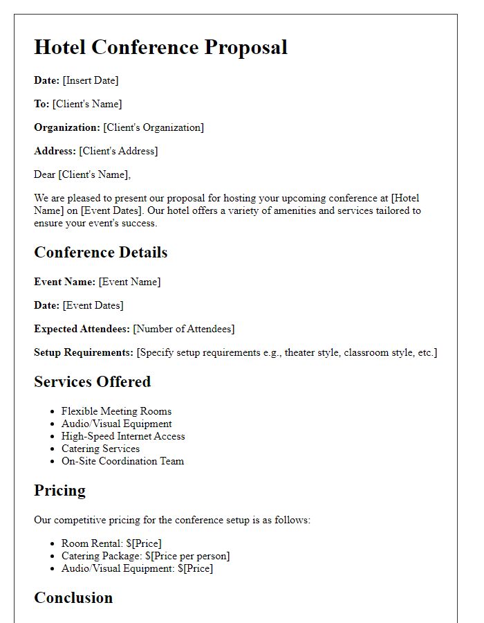 Letter template of hotel proposal for conference setup.