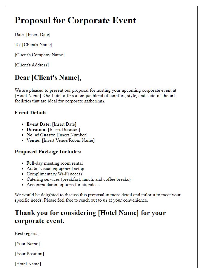 Letter template of hotel proposal for corporate event.