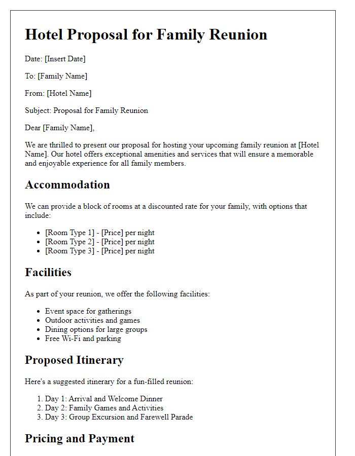 Letter template of hotel proposal for family reunion.