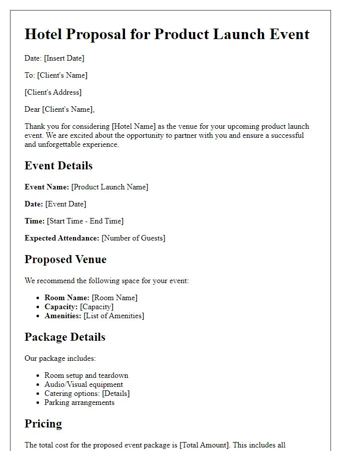 Letter template of hotel proposal for product launch event.