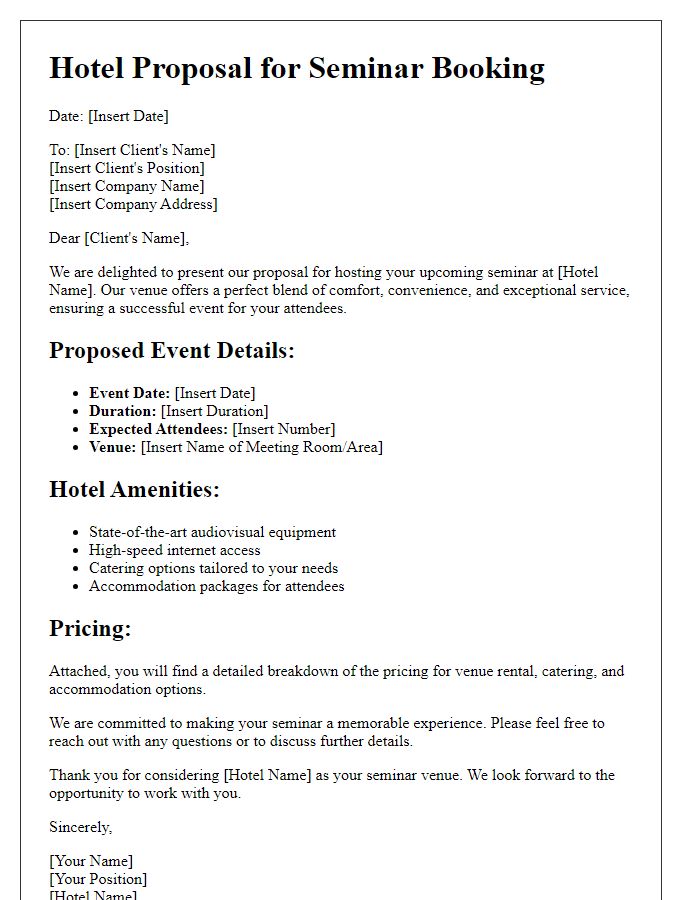 Letter template of hotel proposal for seminar booking.