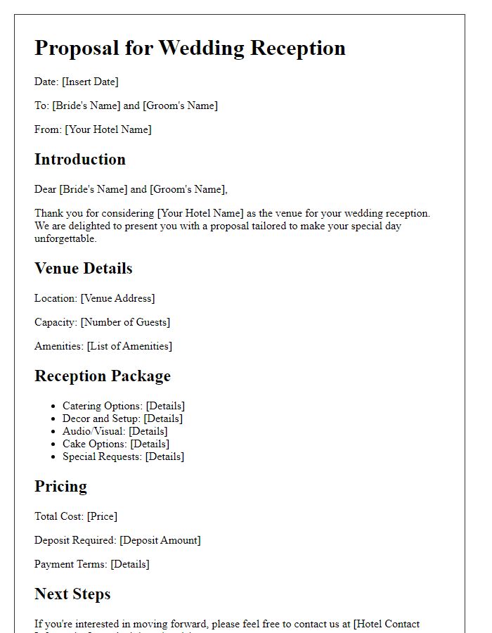 Letter template of hotel proposal for wedding reception.