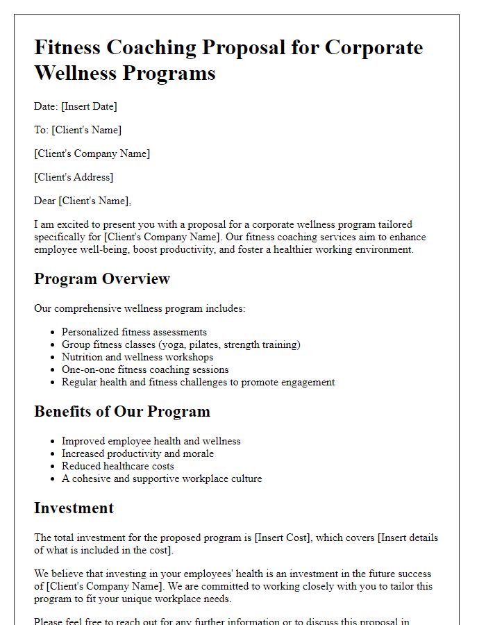 Letter template of fitness coaching proposal for corporate wellness programs