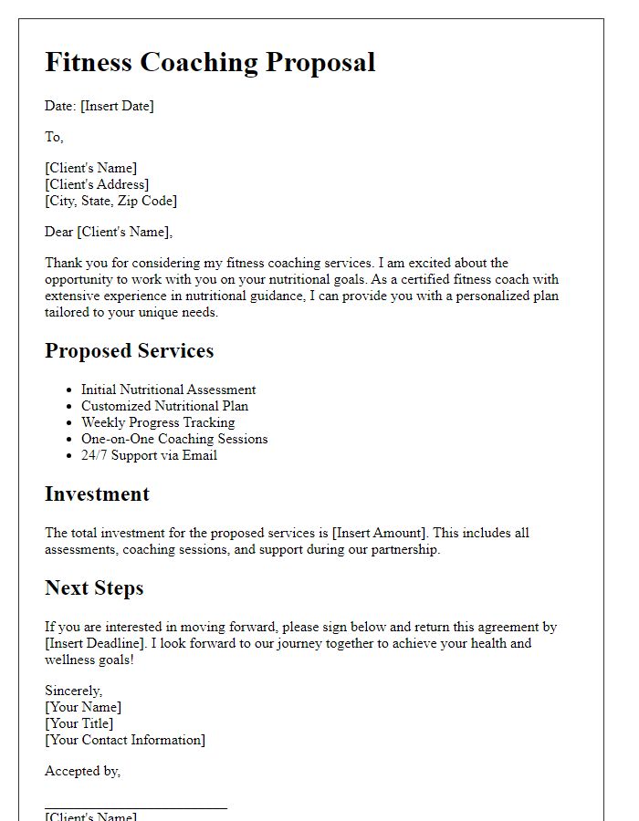 Letter template of fitness coaching proposal for nutrition guidance