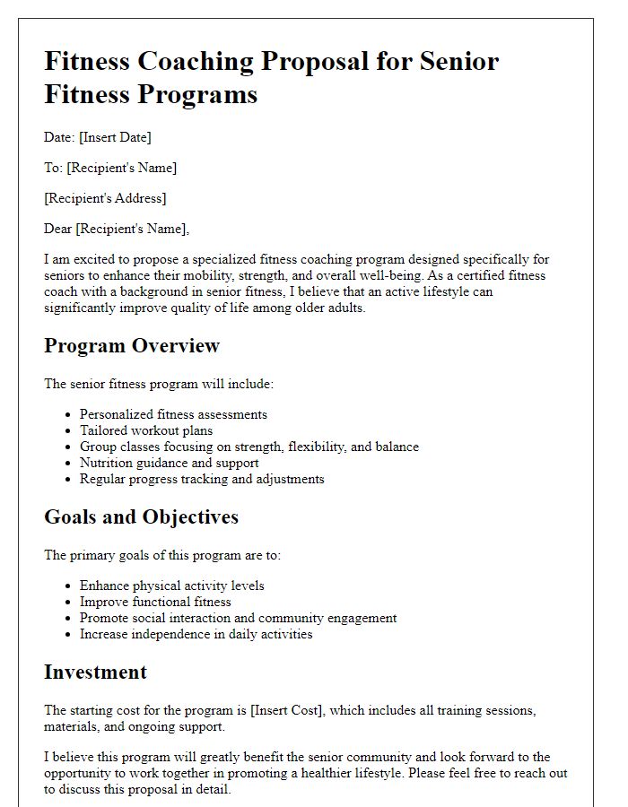 Letter template of fitness coaching proposal for senior fitness programs