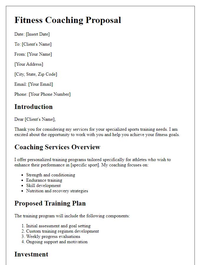 Letter template of fitness coaching proposal for specialized sports training