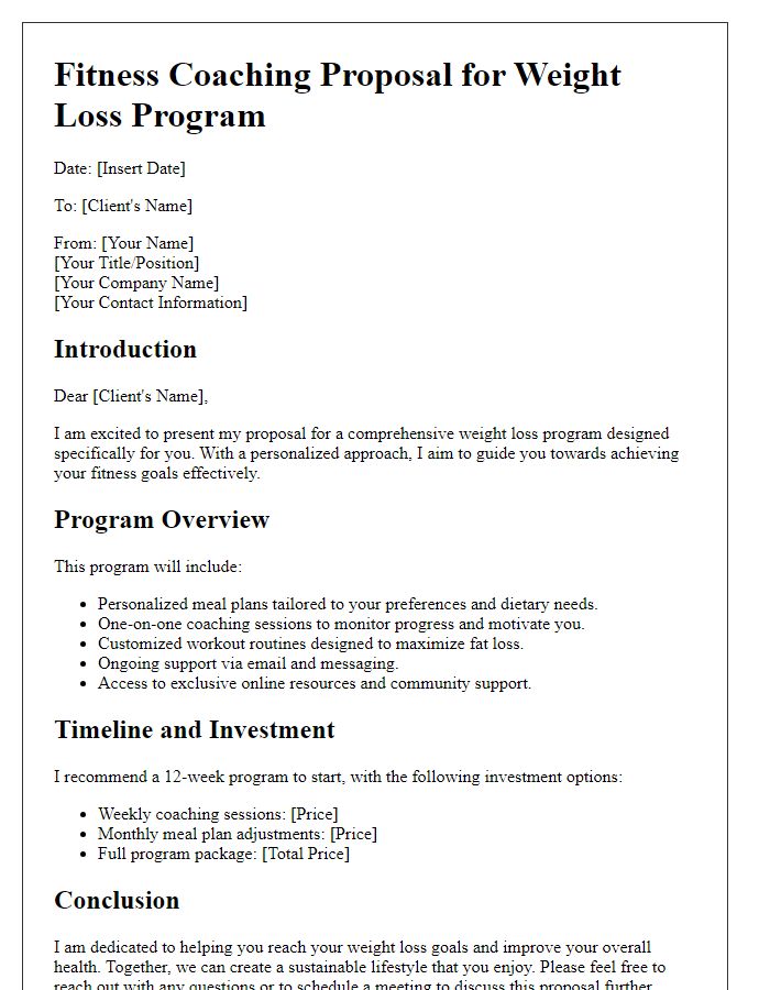 Letter template of fitness coaching proposal for weight loss programs