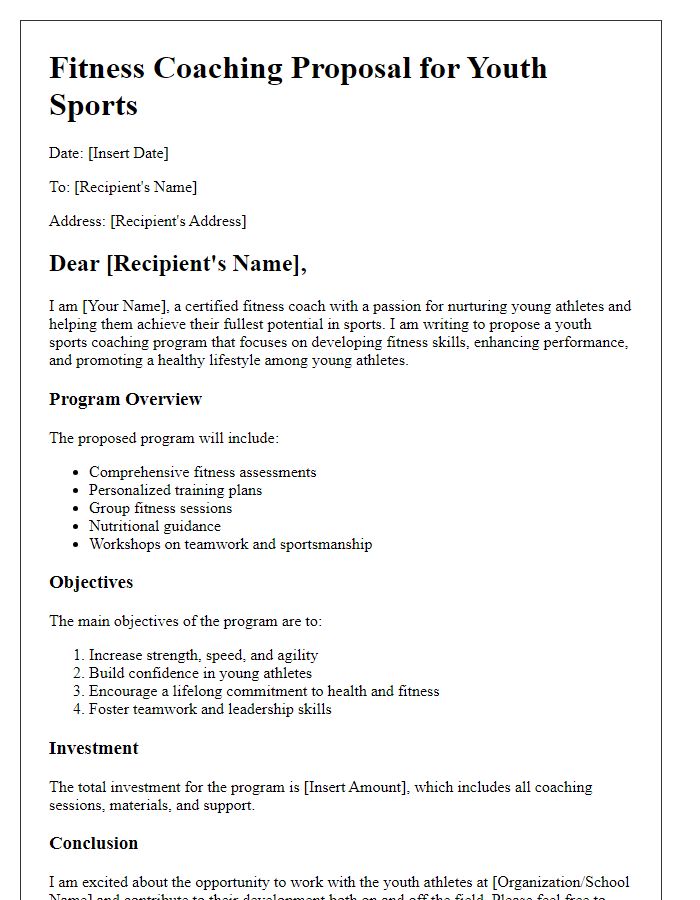 Letter template of fitness coaching proposal for youth sports coaching