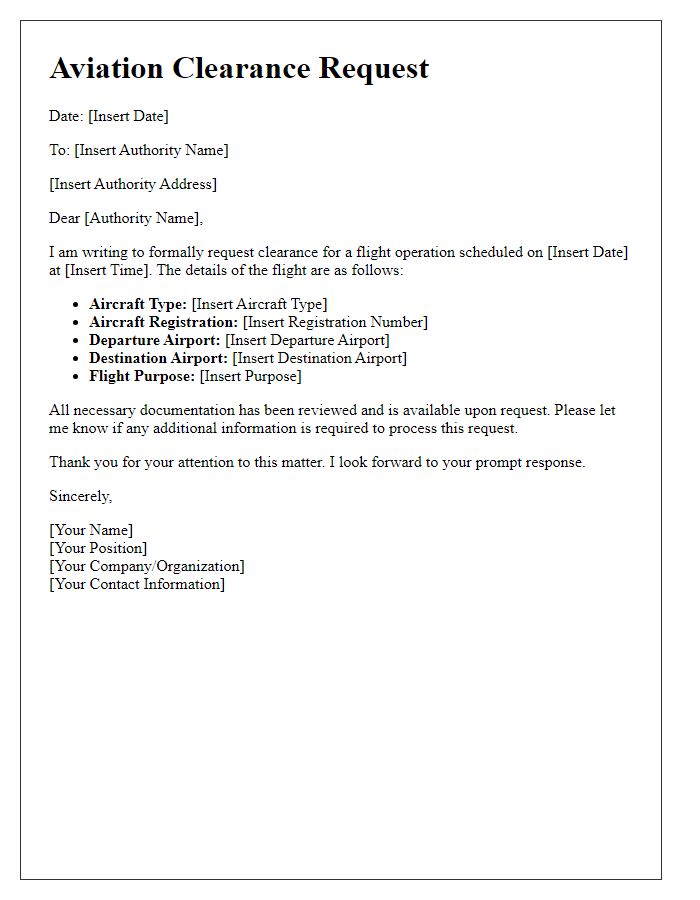 Letter template of aviation clearance request