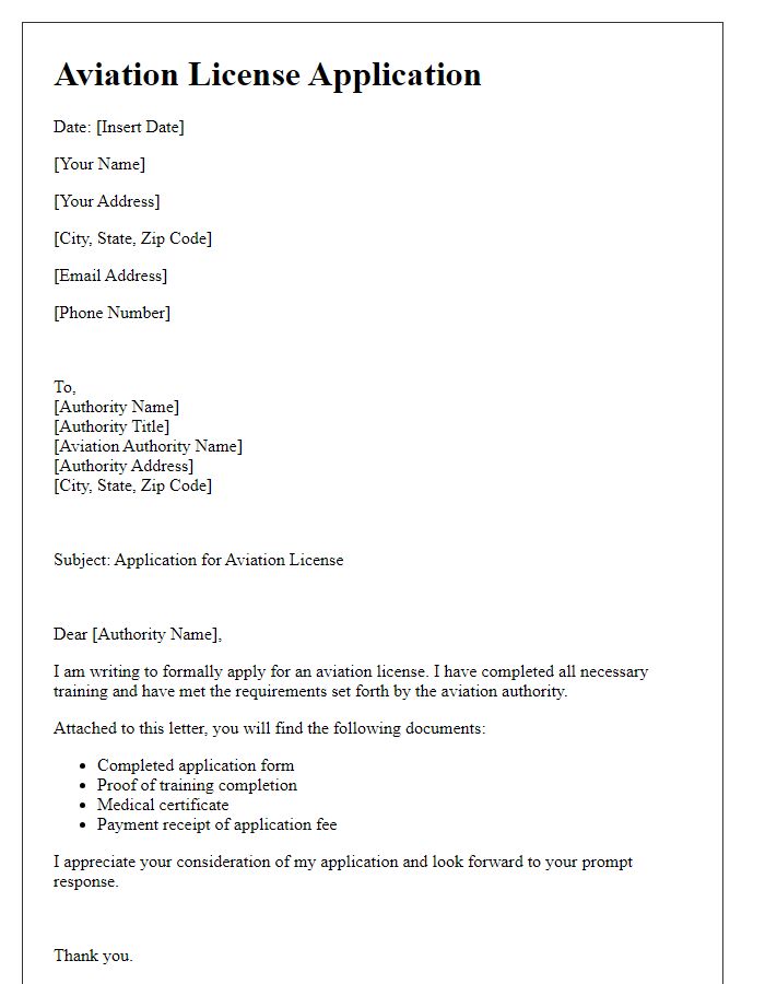 Letter template of aviation license application