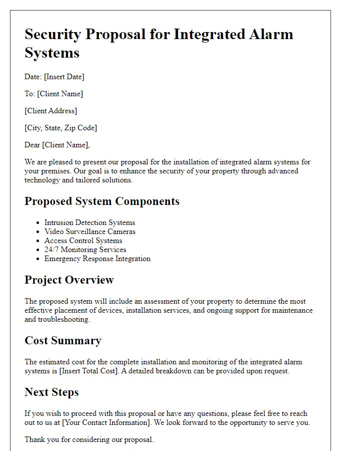 Letter template of security proposal for integrated alarm systems